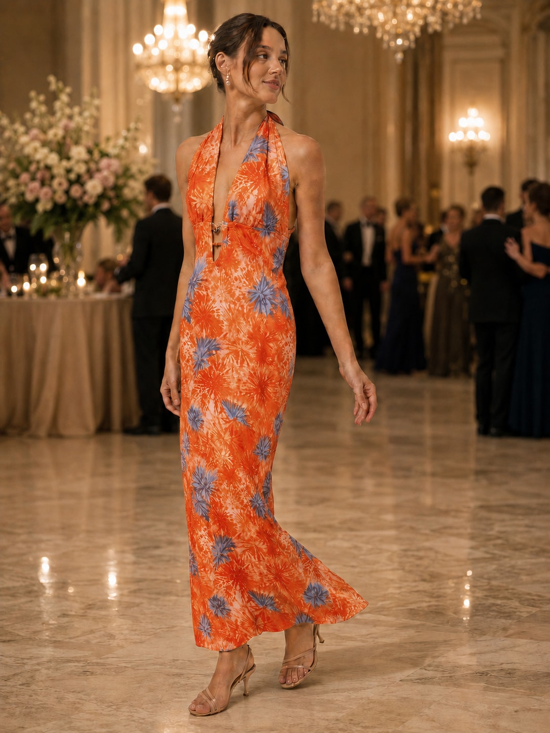 Orange Tropical Halter Plunge V-Neck Maxi Dress for Vacation